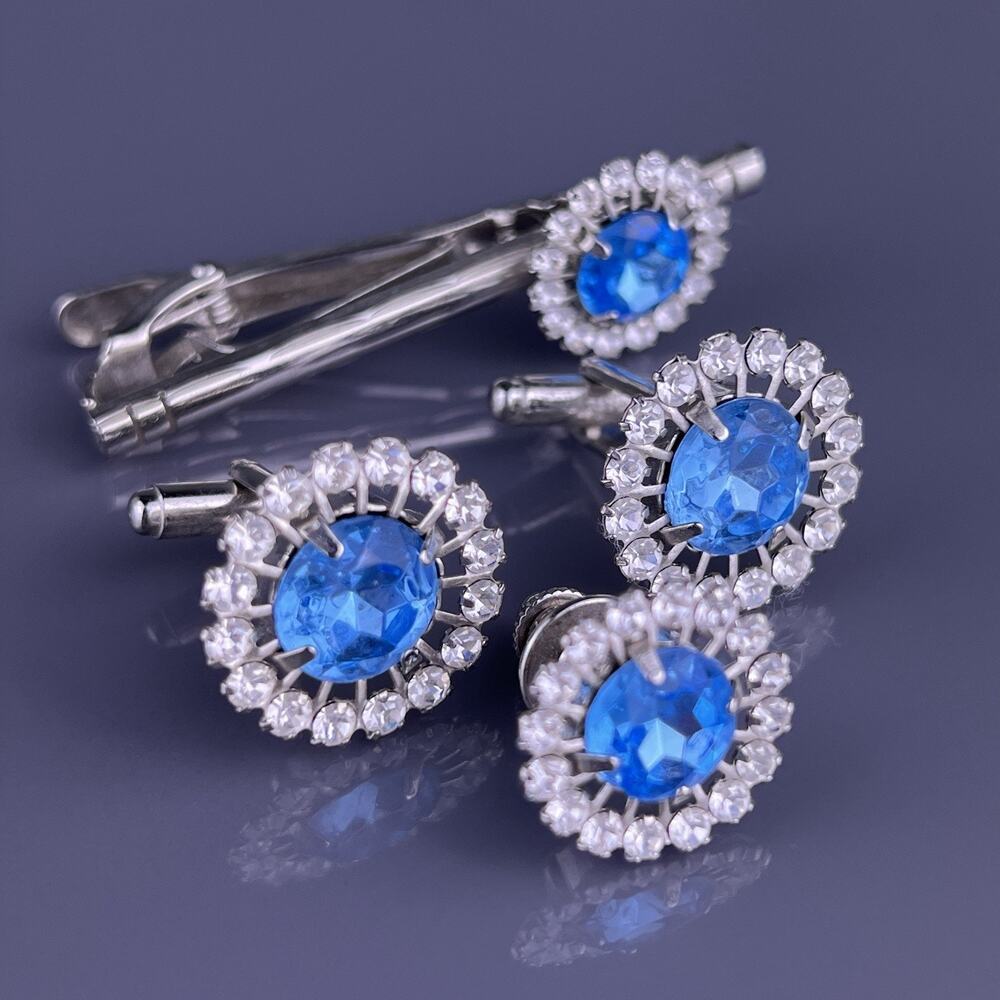 Blue White Rhinestone Cufflinks Tie Clip Pin Silver Tone Open Frame Flashy VTG